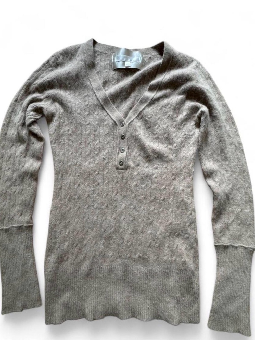 Kaisely Taupe Angora Lambswool Blend V-Neck Cableknit Henley Sweater Size Large